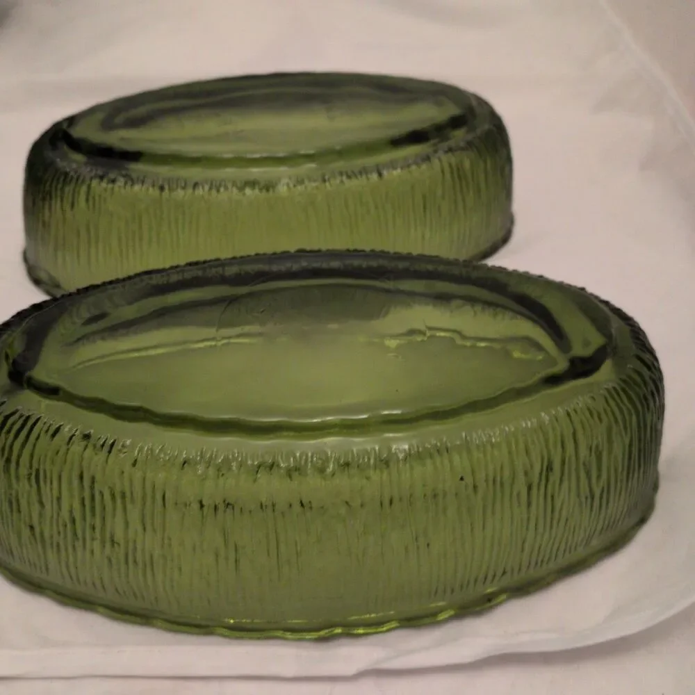 Vintage 1975 FTD Avocado Green Oval Glass Bowls - Set of 2 Bark Textured Mid...